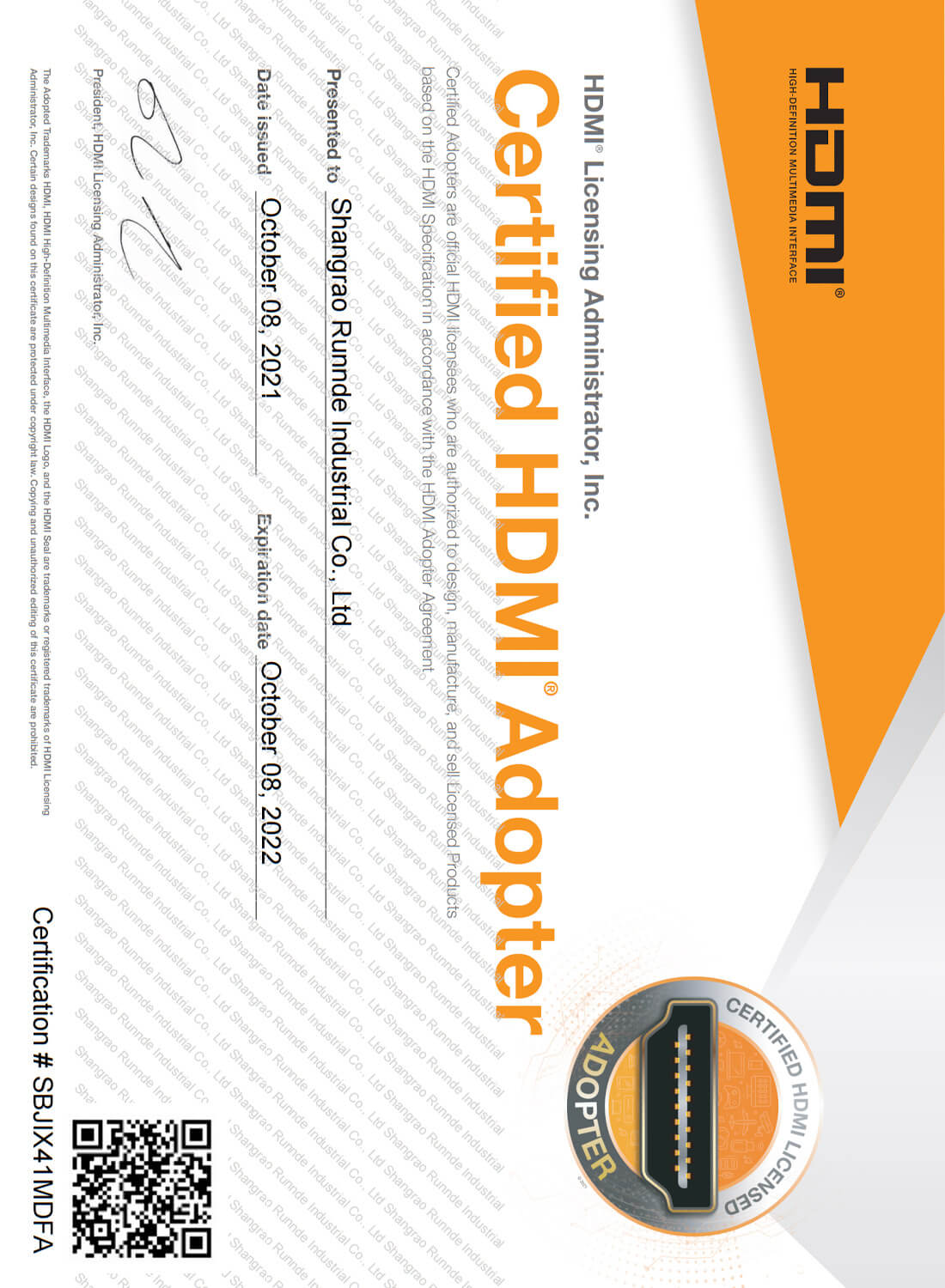 Certification de l'adaptateur HDMI