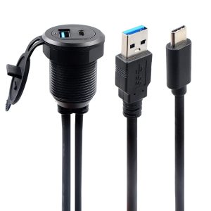 Aluminium Alloy USB 3.0 A, USB C Car Waterproof Cable male to female flush Panel Mount Cable with LED Indicator