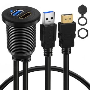 Aleación de aluminio USB 3.0 A, HDMI 2.0 al ras del panel de montaje de cable de coche macho a hembra cable a prueba de agua con indicador LED