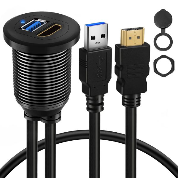 Câble en alliage d'aluminium pour montage sur panneau USB 3.0 A, HDMI 2.0 mâle vers femelle Câble étanche pour voiture avec indicateur LED