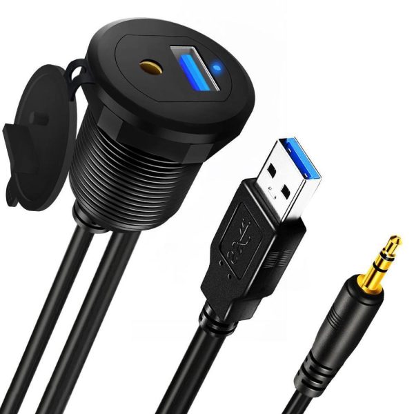 Liga de alumínio USB 3.0 A, Cabo estéreo de 3,5 mm à prova de água para automóvel Macho para Fêmea Cabo de montagem em painel embutido para automóvel com indicador LED