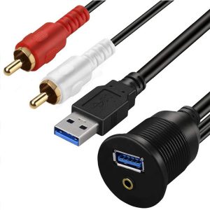 Panel Mount USB Port USB 3.0 A and 2RCA to 3.5mm Male to Female flush Car Waterproof Cable