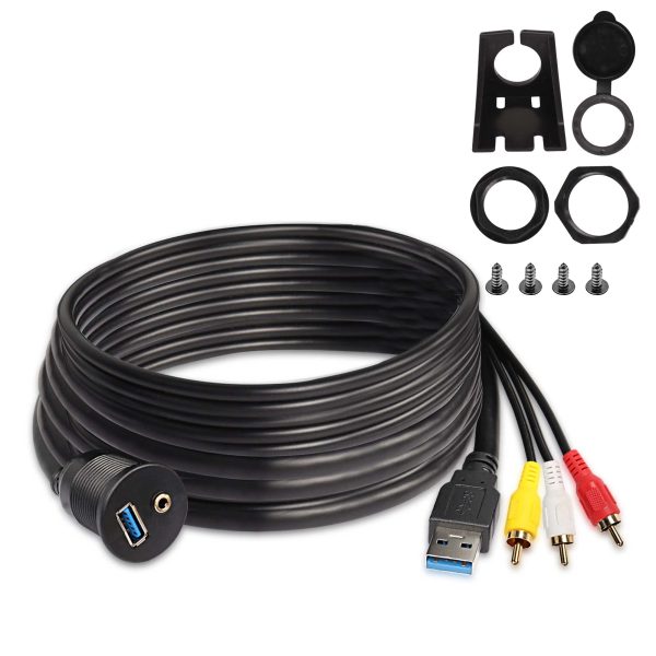 Cabo USB A embutido para montagem em painel USB 3.0 A e 3RCA para 3,5 mm Macho para Fêmea à prova de água para automóvel