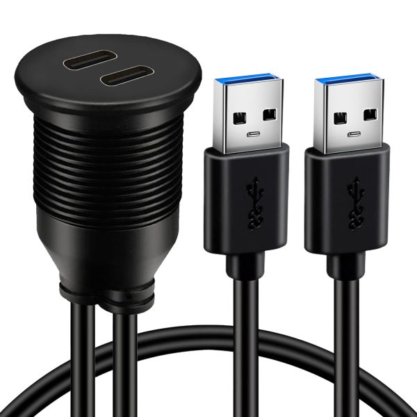 Cabo USB A macho para USB C fêmea duplo à prova de água para automóvel com montagem embutida em painel duplo