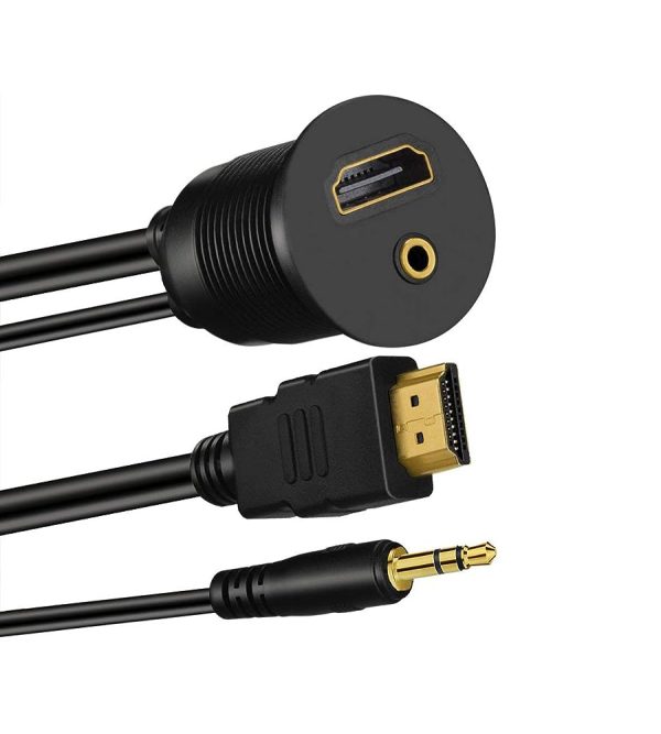 Cabo à prova de água para automóvel HDMI 2.0 e 3,5 mm com montagem em painel macho para fêmea