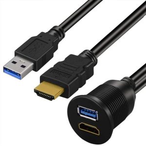 Cable USB A y HDMI impermeable de montaje en panel macho a hembra para coche